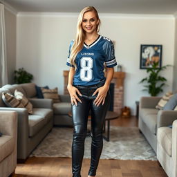A 21-year-old woman with long blonde hair, standing confidently in a living room