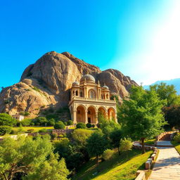 A majestic Islamic hero's mausoleum, intricately carved out of a rugged mountain rock