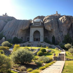 A majestic Islamic hero's mausoleum, intricately carved out of a rugged mountain rock