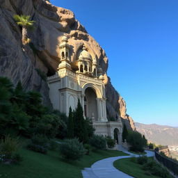 A majestic Islamic hero's mausoleum, intricately carved out of a rugged mountain rock