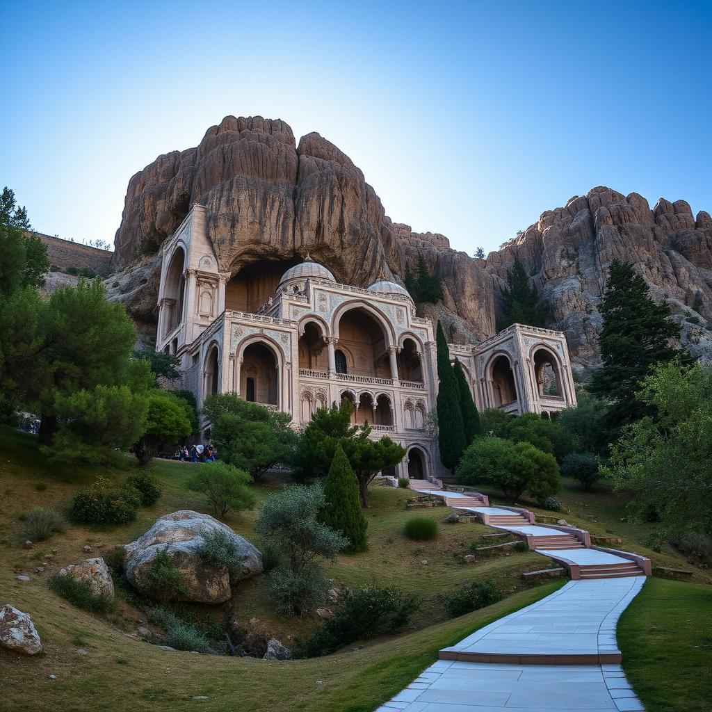 A majestic Islamic hero's mausoleum, intricately carved out of a rugged mountain rock