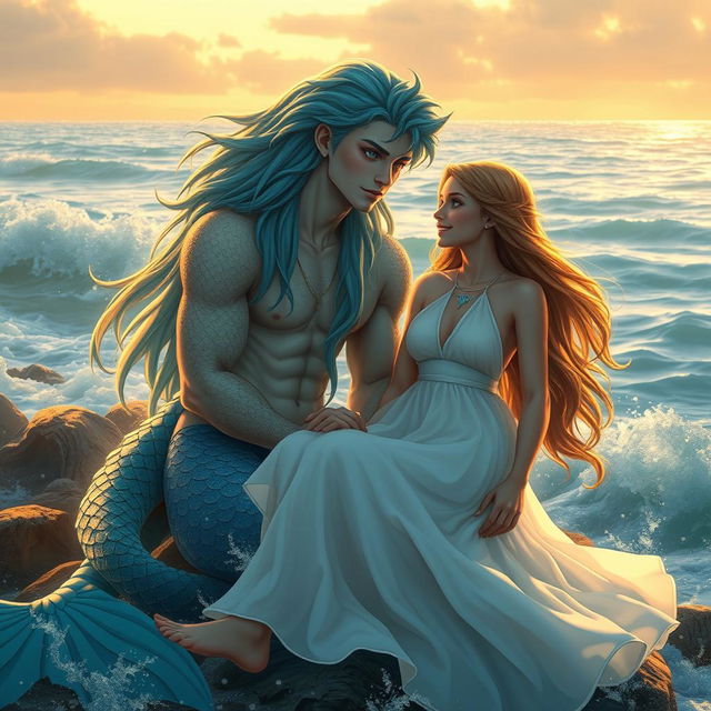 A stunningly handsome male siren with flowing blue-green hair, shimmering scales, and captivating turquoise eyes, sitting on a rocky shore with the ocean waves crashing around him
