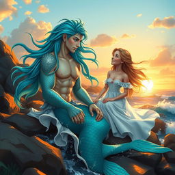 A stunningly handsome male siren with flowing blue-green hair, shimmering scales, and captivating turquoise eyes, sitting on a rocky shore with the ocean waves crashing around him