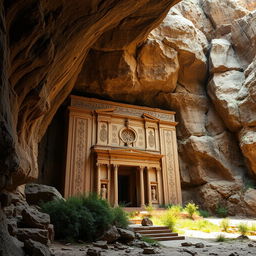 A grand and majestic Iranian tomb carved into the rock of a cave, surrounded by dramatic cliffs and rocky terrain