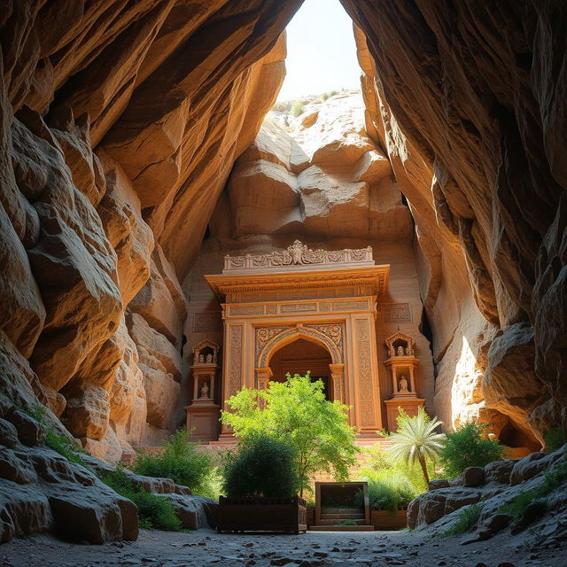 A grand and majestic Iranian tomb carved into the rock of a cave, surrounded by dramatic cliffs and rocky terrain