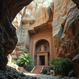 A grand and majestic Iranian tomb carved into the rock of a cave, surrounded by dramatic cliffs and rocky terrain