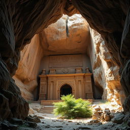 A grand and majestic Iranian tomb carved into the rock of a cave, surrounded by dramatic cliffs and rocky terrain