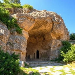 The entrance of a cave that serves as the tomb of a prominent Islamic Iranian hero, situated at the base of a hill