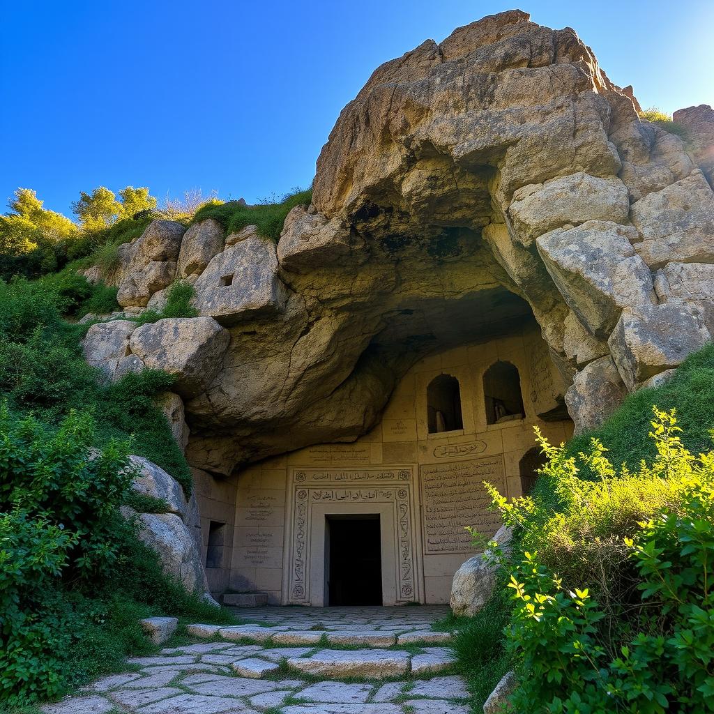 The entrance of a cave that serves as the tomb of a prominent Islamic Iranian hero, situated at the base of a hill