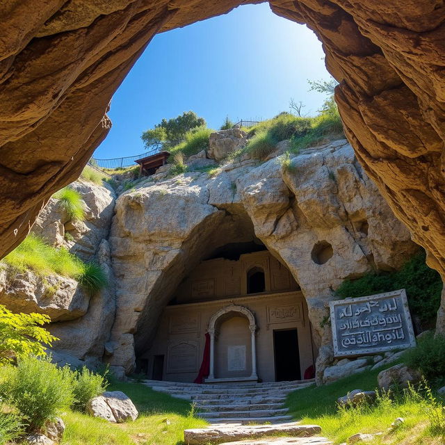 The entrance of a cave that serves as the tomb of a prominent Islamic Iranian hero, situated at the base of a hill