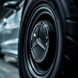 A close-up view of a tire featuring the Mercedes-Benz logo prominently displayed on the sidewall