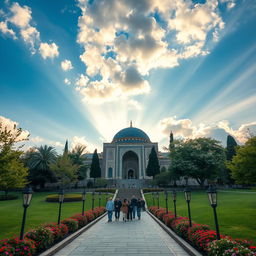 A serene and majestic view of the mausoleum of an Iranian Islamic hero, elegantly shaped in a curved structure, situated at the base of a gentle hillside
