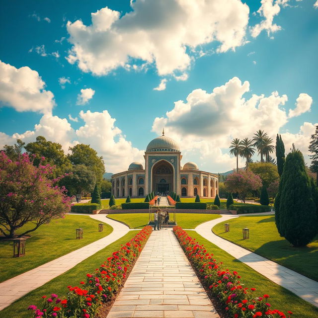 A serene and majestic view of the mausoleum of an Iranian Islamic hero, elegantly shaped in a curved structure, situated at the base of a gentle hillside