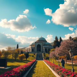 A serene and majestic view of the mausoleum of an Iranian Islamic hero, elegantly shaped in a curved structure, situated at the base of a gentle hillside