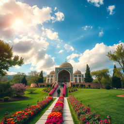 A serene and majestic view of the mausoleum of an Iranian Islamic hero, elegantly shaped in a curved structure, situated at the base of a gentle hillside