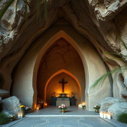 A grand entrance to a cave, 13 meters wide, featuring a beautiful arch shape, serving as a shrine for an unknown martyr from the Sacred Defense