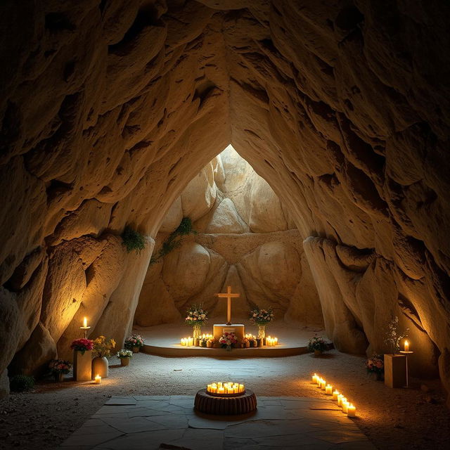 A grand entrance to a cave, 13 meters wide, featuring a beautiful arch shape, serving as a shrine for an unknown martyr from the Sacred Defense