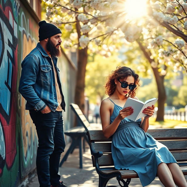A vibrant and colorful scene in an urban setting featuring two separate individuals