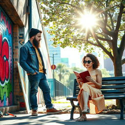 A vibrant and colorful scene in an urban setting featuring two separate individuals