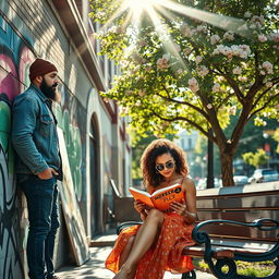 A vibrant and colorful scene in an urban setting featuring two separate individuals