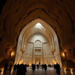 A grand entrance to a cave, with a width of 13 meters, featuring an arching design that elegantly curves upwards