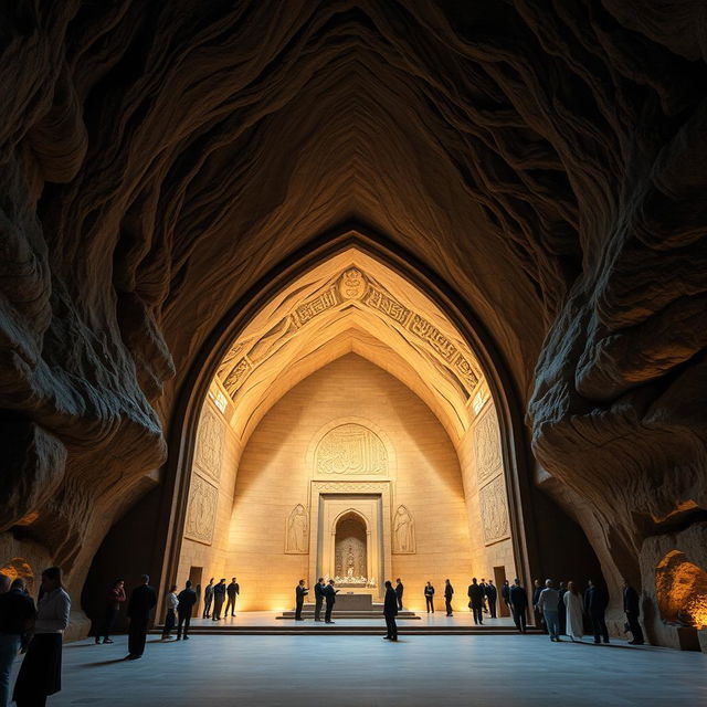 A grand entrance to a cave, with a width of 13 meters, featuring an arching design that elegantly curves upwards