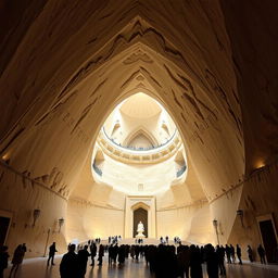 A grand entrance to a cave, with a width of 13 meters, featuring an arching design that elegantly curves upwards