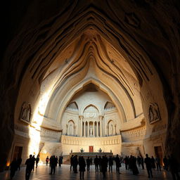 A grand entrance to a cave, with a width of 13 meters, featuring an arching design that elegantly curves upwards