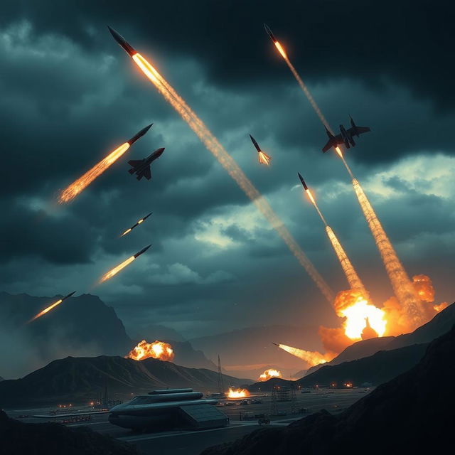 A dramatic and highly detailed military missile strike scene showcasing a variety of missiles including ballistic, cruise, intercontinental, and hypersonic types in mid-flight, leaving fiery trails across a dark, stormy sky