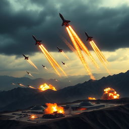 A dramatic and highly detailed military missile strike scene showcasing a variety of missiles including ballistic, cruise, intercontinental, and hypersonic types in mid-flight, leaving fiery trails across a dark, stormy sky