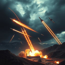 A dramatic and highly detailed military missile strike scene showcasing a variety of missiles including ballistic, cruise, intercontinental, and hypersonic types in mid-flight, leaving fiery trails across a dark, stormy sky