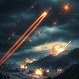 A dramatic and highly detailed military missile strike scene showcasing a variety of missiles including ballistic, cruise, intercontinental, and hypersonic types in mid-flight, leaving fiery trails across a dark, stormy sky