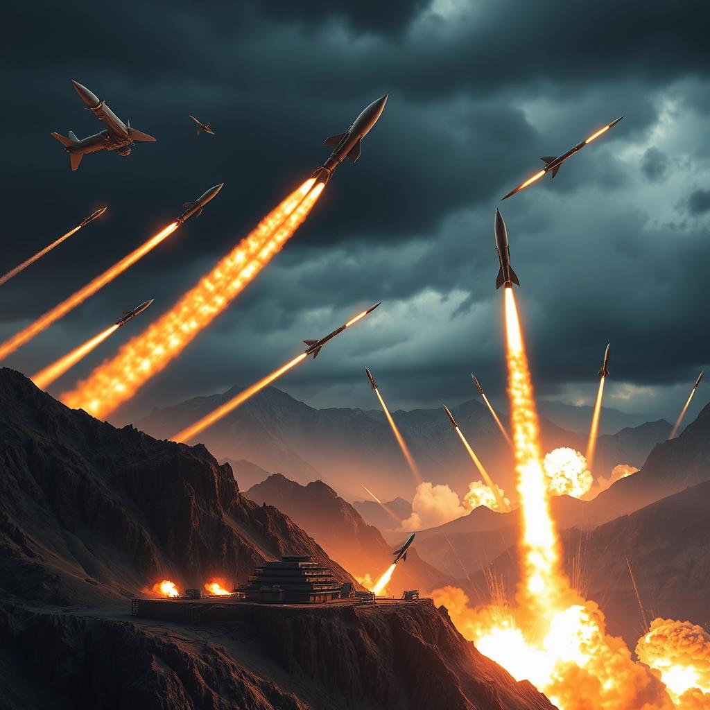 Dramatic and highly detailed military missile strike scene showcasing a variety of missiles including ballistic, cruise, intercontinental, and hypersonic types