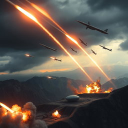 Dramatic and highly detailed military missile strike scene showcasing a variety of missiles including ballistic, cruise, intercontinental, and hypersonic types