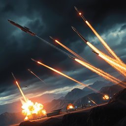 Dramatic and highly detailed military missile strike scene showcasing a variety of missiles including ballistic, cruise, intercontinental, and hypersonic types