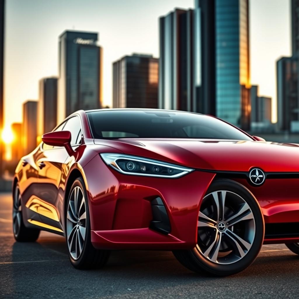 A sleek, modern car measuring 250cm in length, featuring a glossy red finish and aerodynamic design