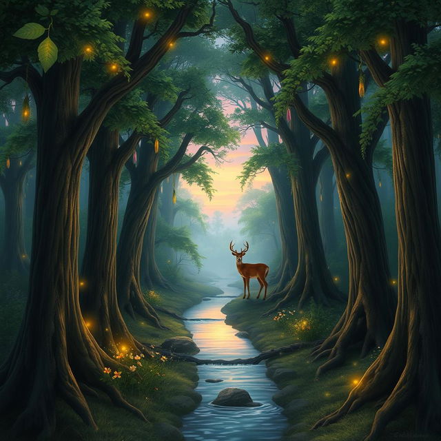 A serene and magical forest scene at twilight, with glowing fireflies illuminating the path