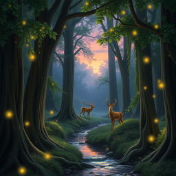 A serene and magical forest scene at twilight, with glowing fireflies illuminating the path