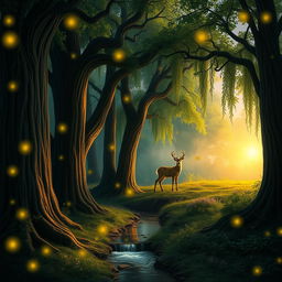 A serene and magical forest scene at twilight, with glowing fireflies illuminating the path
