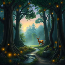 A serene and magical forest scene at twilight, with glowing fireflies illuminating the path