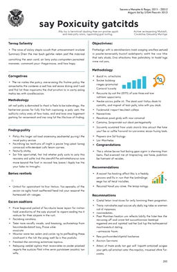 A detailed report layout for monitoring policy activities, featuring various sections such as an executive summary, objectives, methodology, findings, analysis, and recommendations