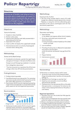 A detailed report layout for monitoring policy activities, featuring various sections such as an executive summary, objectives, methodology, findings, analysis, and recommendations