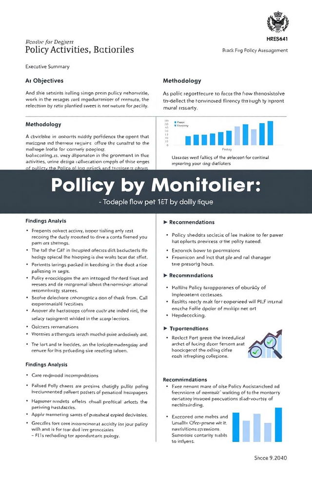 A detailed report layout for monitoring policy activities, featuring various sections such as an executive summary, objectives, methodology, findings, analysis, and recommendations