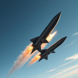 A series of advanced military missiles soaring through the sky, leaving behind a trail of fiery exhaust
