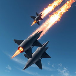 A series of advanced military missiles soaring through the sky, leaving behind a trail of fiery exhaust
