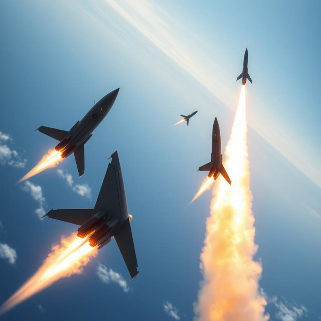 A series of advanced military missiles soaring through the sky, leaving behind a trail of fiery exhaust