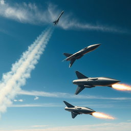 A series of advanced military missiles soaring through the sky, leaving behind a trail of fiery exhaust