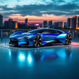 A futuristic car designed with precise dimensions: 250cm in length, 120cm in height, and 132cm in width