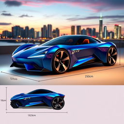 A futuristic car designed with precise dimensions: 250cm in length, 120cm in height, and 132cm in width