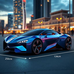 A futuristic car designed with precise dimensions: 250cm in length, 120cm in height, and 132cm in width